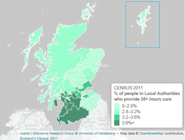 Figure 44: % of people who provide 35 or more hours of care per week, by Local Authority, 2011