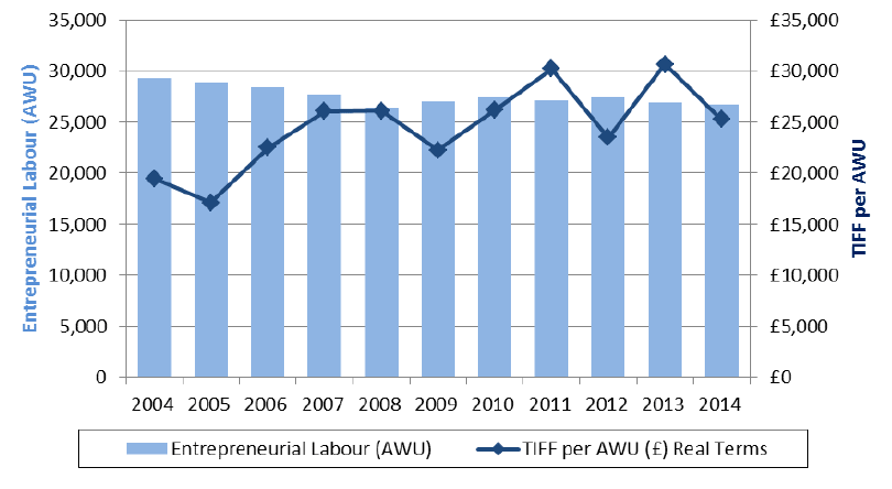 Chart 3.10: Entrepreneurial labour and TIFF per AWUs, both accounting for inflation, 2004 to 2014