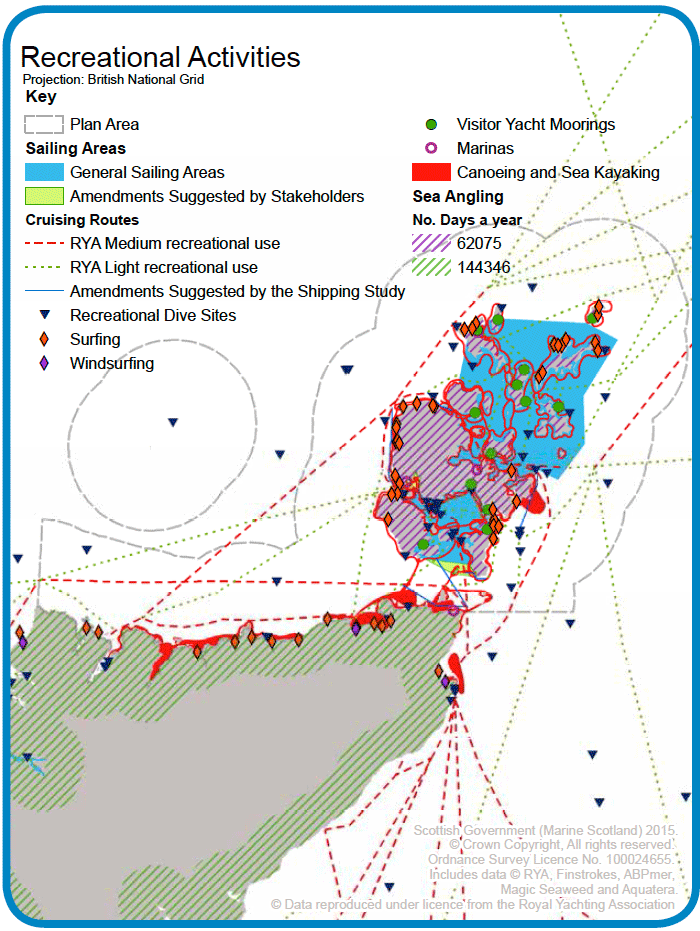Map 18: Recreational activities in the Pentland Firth and Orkney Waters area including key surfing and windsurfing beaches, Royal Yachting Association cruising routes and sailing areas, recreational dive sites, sea kayaking and canoeing areas and the number of days spent sea angling in each region (Orkney and Highland regions) as reported in the Scottish Government Sea Angling Report.