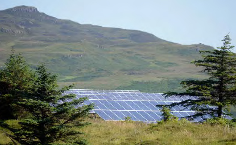 Solar PV array on the Isle of Eigg, Inner Hebrides; part of a community owned renewable electricity system on the island. (Credit: Highlands and Islands Enterprise)