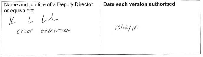 Name and job title of a Deputy Director or equivalent; Date each version authorised 