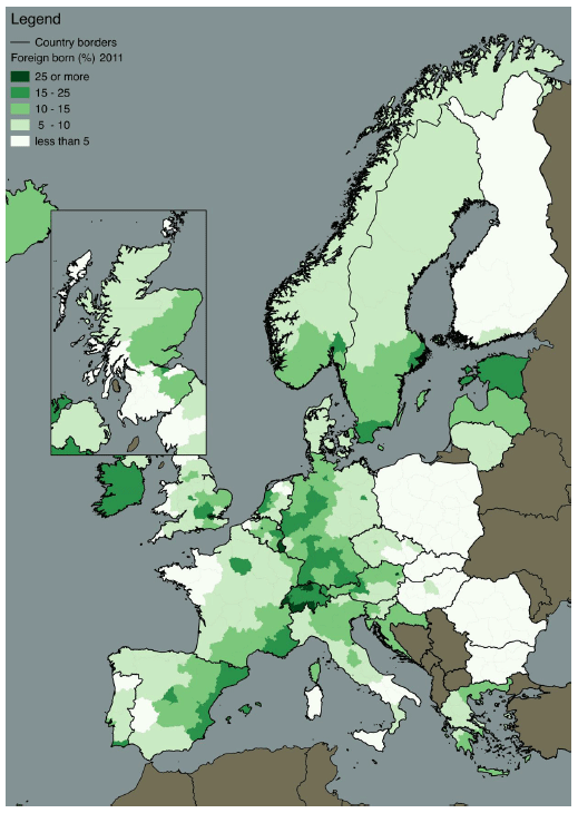 Figure 1.13 Foreign-born population by NUTS 2 region and groups of Scotland council areas (percent), 2011