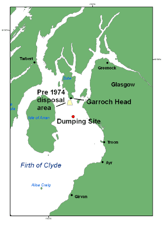 Figure 5.1 Map showing the dump sites at Garroch Head, pre- and post- 1974.