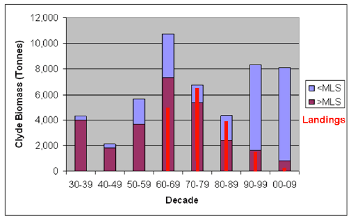 Figure 7.4 Average abundance (biomass) of commercial demersal fish species (sum of cod, haddock, whiting, hake, saithe and plaice) in the Clyde Sea calculated using research vessel survey data, from HS2011. The data is presented as the weight (tonnes) of fish in the Clyde in an average year within the stated decades. The data is sub-divided between fish that are smaller than the Minimum Landing Size (MLS) and larger than the MLS. (Note: Data has been extracted from HS2011 Figure 4 for <MLS and >MLS loess smoothing functions, raised to the area of the Clyde Sea, i.e. 3700 km2, and averaged over relevant decades). Also shown is the decadal average landings for 1960 onwards.