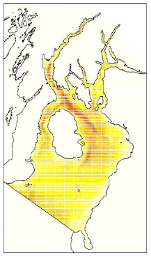 Figure 9.4 Bathymetry data values interpolated onto the 161 x 361 management evaluation grid using linear interpolation.