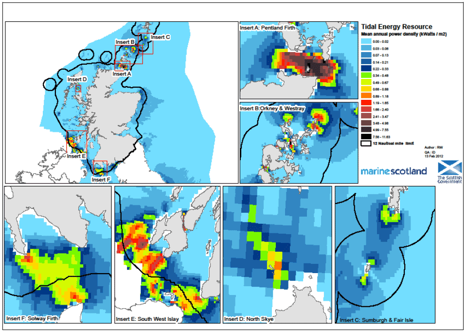 Figure 1b Mean annual tidal power density (kW/m2) at tidal stream energy resource areas in Scottish waters.