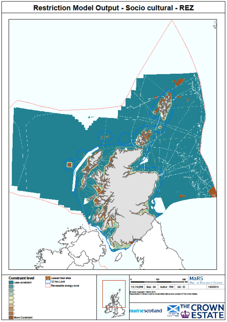 Figure 4 Output from the Socio-cultural Restriction model for tidal stream energy development in Scottish waters.