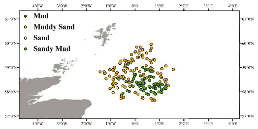 Figure 8: (a) Photograph of typical Fladen seabed with Nephrops burrow. (b) Map showing PSA results for 2008-2010. (c) Map showing abundance of F. quadrangularis observed 2008-2010.