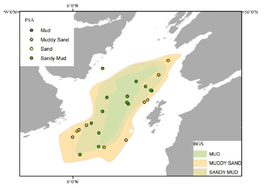 Figure 12: (a) Photograph of typical Sound of Jura seabed with Nephrops burrow and a Nephrops outside burrow. (b) Map showing PSA results for Nephrops UWTV stations surveyed in 2009-2010 overlaid on BGS map showing distribution of 'muddy' sediments (British Geological Survey, 2002).