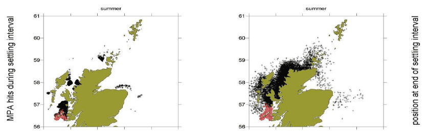 Figure 10a: Black dots show the distribution of particles at the end of the settlement window (right panel) and MPAs locations that these particles drifted over during that period (left panel). Red dots show the particle origin positions.