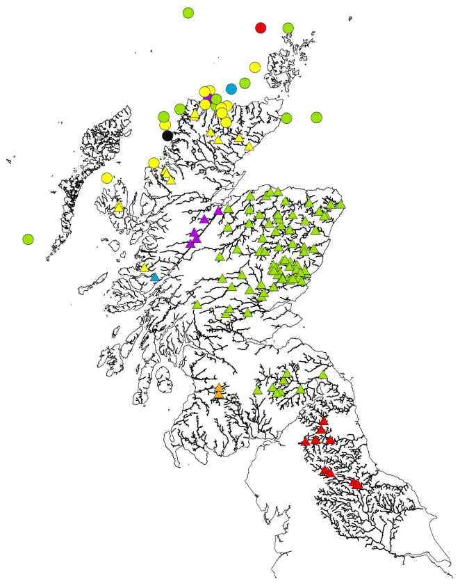 Figure 2 Map of Scotland showing baseline samples (triangles) representing assignment regions