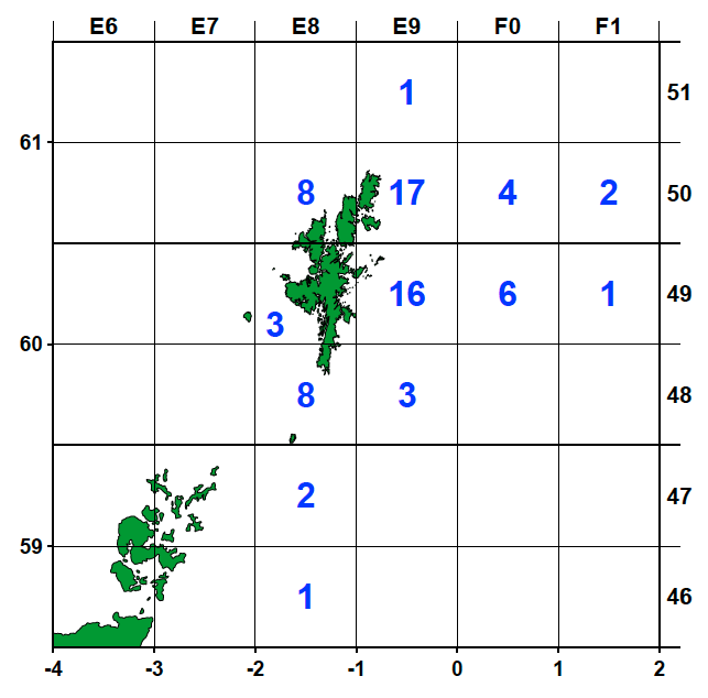 Figure 1: Distribution of the fishermen’s discard samples collected during this study.  Numbers indicate the total number of samples collected in each ICES statistical rectangle.