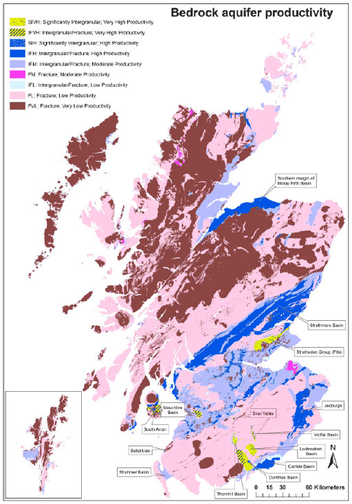 Fig. 1.2: Bedrock productivity map based on rock characteristics and type of groundwater flow. The map does not account for variability in productivity with depth (from Ó‘Dochartaigh et al., 2011). 