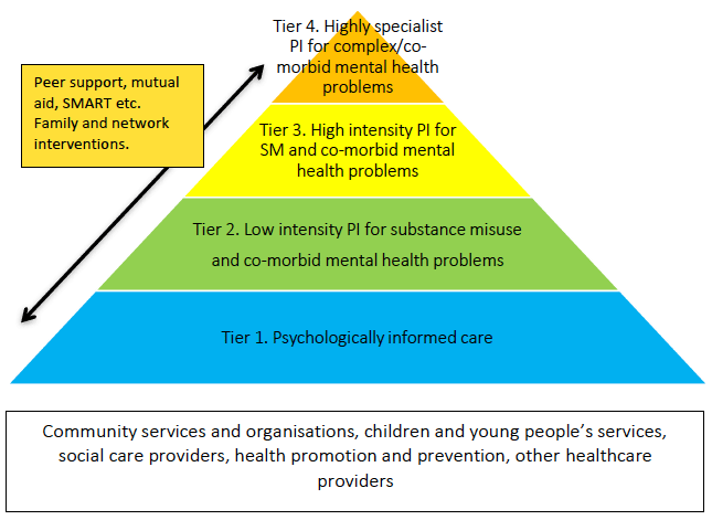 Figure 1: A matched-care model of delivery of psychological interventions (PI) in substance misuse (SM) services