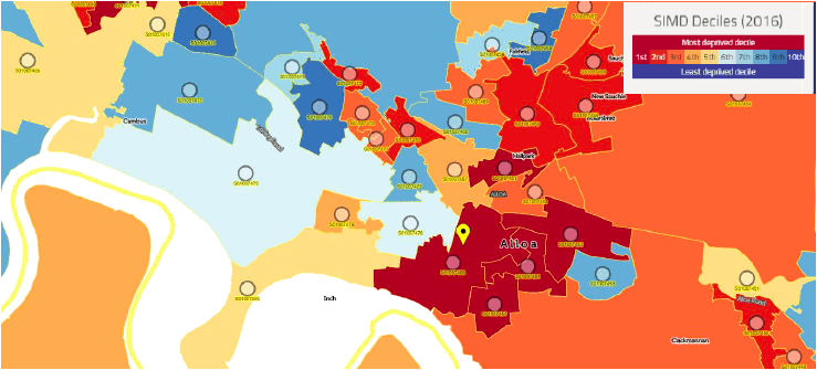 Figure 1: A map of Alloa, colour-coded according to the Scottish Index of Multiple Deprivation deciles. The south and east areas of the city are in the most deprived decile [Source: Scottish Index of Multiple Deprivation 2016: Alloa]