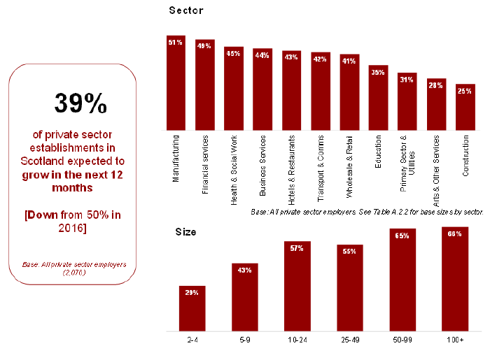 Figure 2.6: Proportion of private sector establishments who expect to grow in the next twelve months overall and by sector and size, 2019