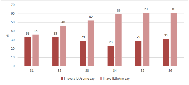 Figure 4.10 How much say young people have on decisions affecting the school as a whole, by school year
