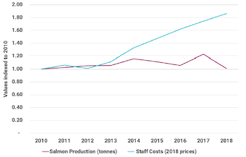 The graph shows change in staff costs and production of salmon between 2010 and 2018. Despite the annual production of salmon, the value of staff costs has continued on its trend to growth.