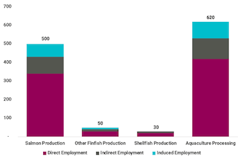 The chart shows the impact on jobs from staff spending by aquaculture by the subsectors in 2018. Salmon production 500; other finfish production 50; shellfish production 30 and Aquaculture processing 620.