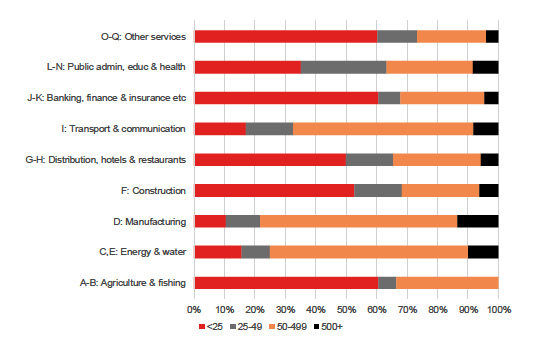 Figure 14: Employment of non-UK nationals employed in lower skilled jobs by sector and size of business in Scotland, 2012-2017