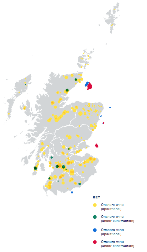 The image provides an overview of the locations of Scotland’s renewable sources which include operational onshore wind, under construction onshore wind, operational offshore wind and under construction offshore wind facilities.