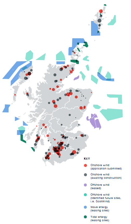 The image provides a continuation of the overview of the locations of Scotland’s renewable sources. This image includes onshore wind developments with applications submitted, onshore wind development awaiting construction, offshore wind developments leased, offshore wind development identified for future sites such as ScotWind, wave energy leasing sites and tidal energy leasing sites.