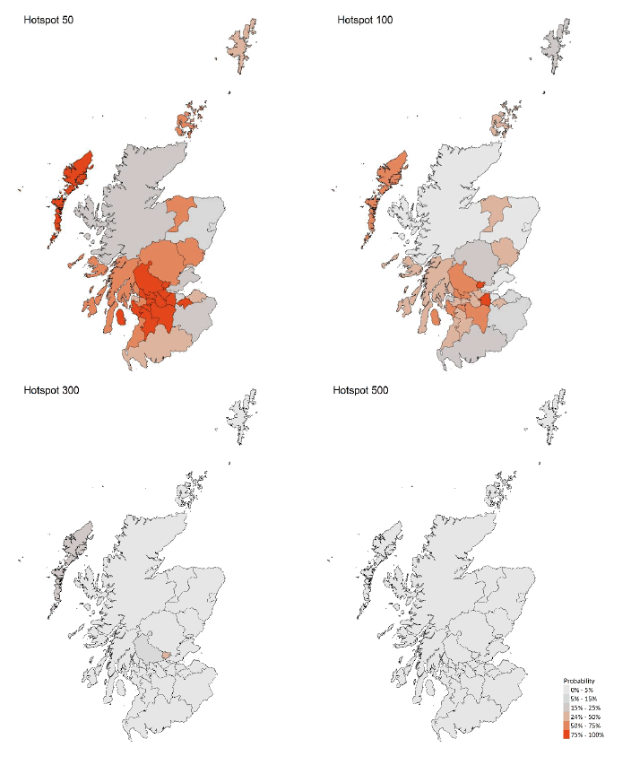 A series of four choropleths showing the probability of Scottish local authorities having more than 50, 100, 300 or 500 cases per 100,000 population, corresponding to data for 14 - 20 February 21.