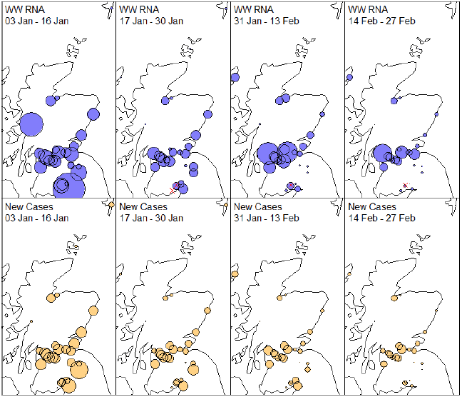 A series of maps showing the mean levels over time for daily wastewater Covid per person (blue) and new cases per person (orange).