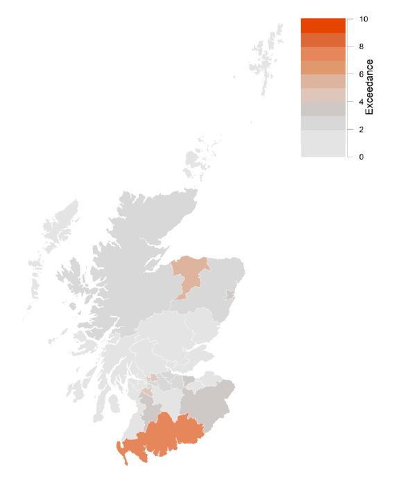 A map of cumulative exceedance to 4 May, for Scottish Local Authorities.