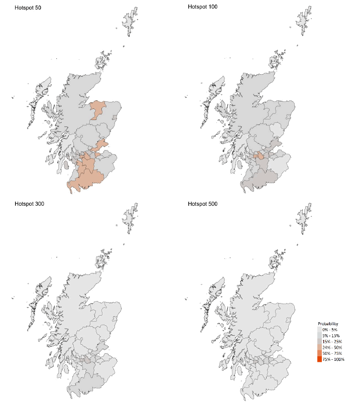 A series of four maps showing the probability of local authority areas having more than 50, 100, 300 or 500 cases per 100K (16 May – 22 May).