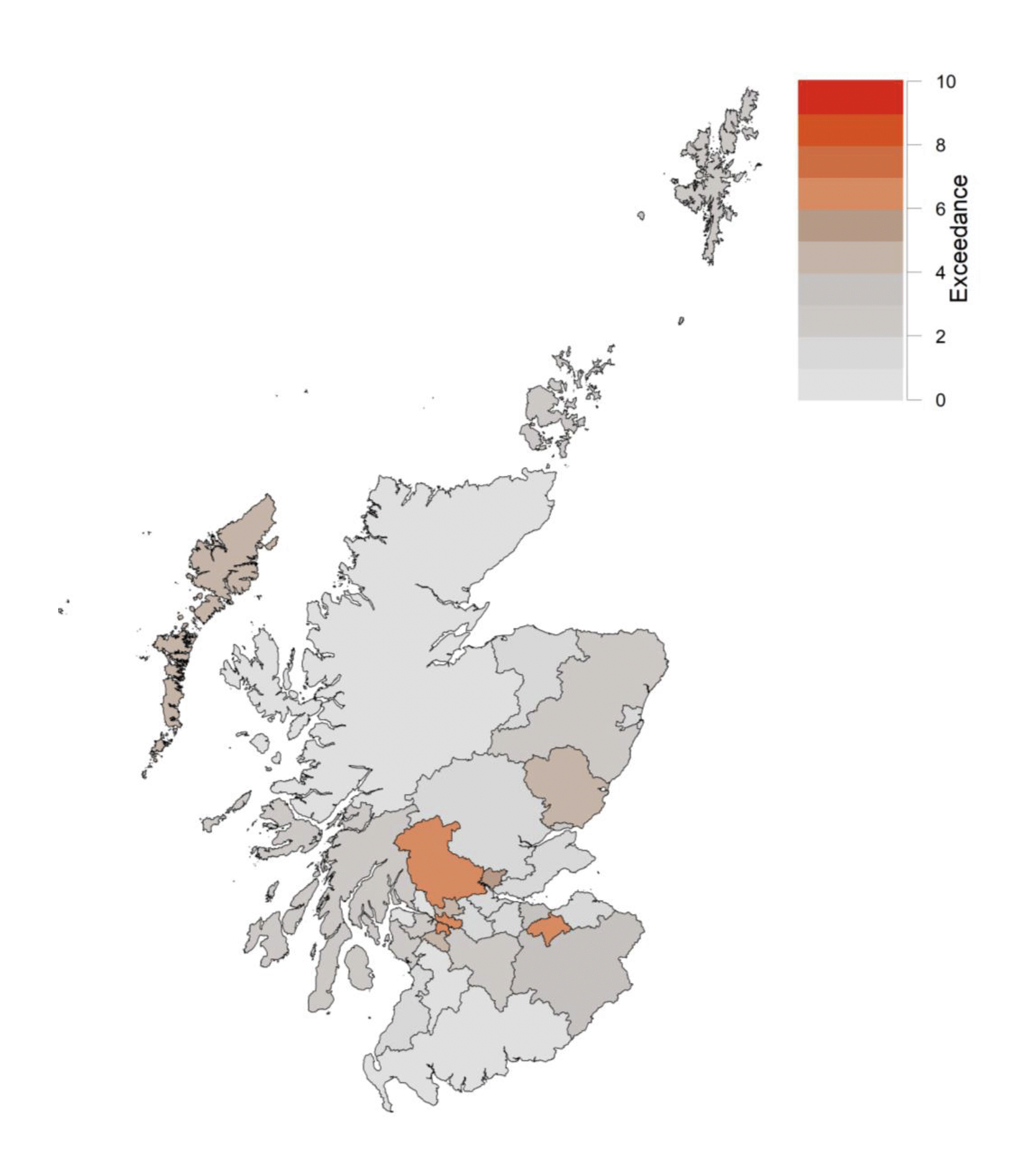 A map of cumulative exceedance to 19 May, for Scottish Local Authorities.