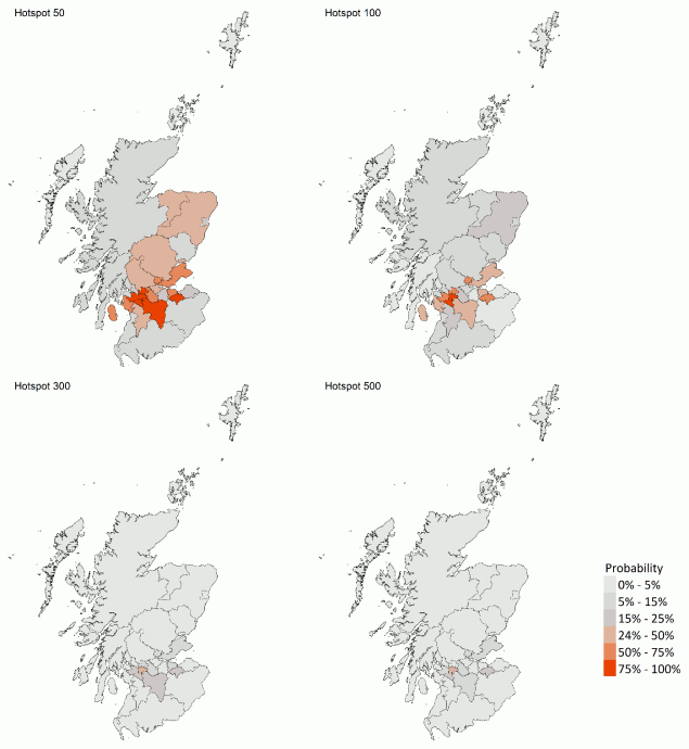 A series of four maps showing the probability of local authority areas having more than 50, 100, 300 or 500 cases per 100K (6 – 12 June).
