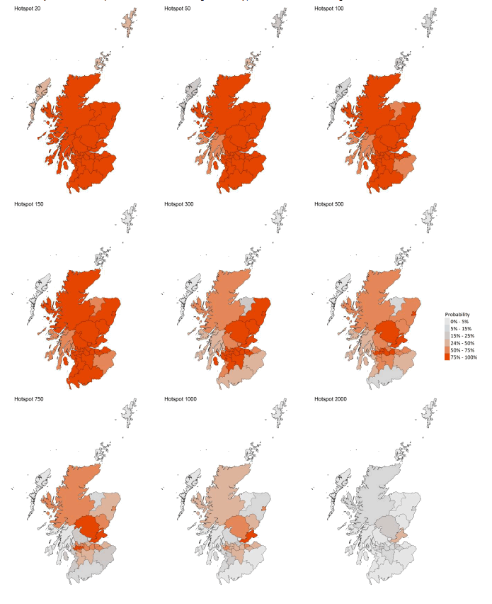 A series of four maps showing the probability of local authority areas exceeding thresholds of cases per 100K (18th – 24th July 2021).