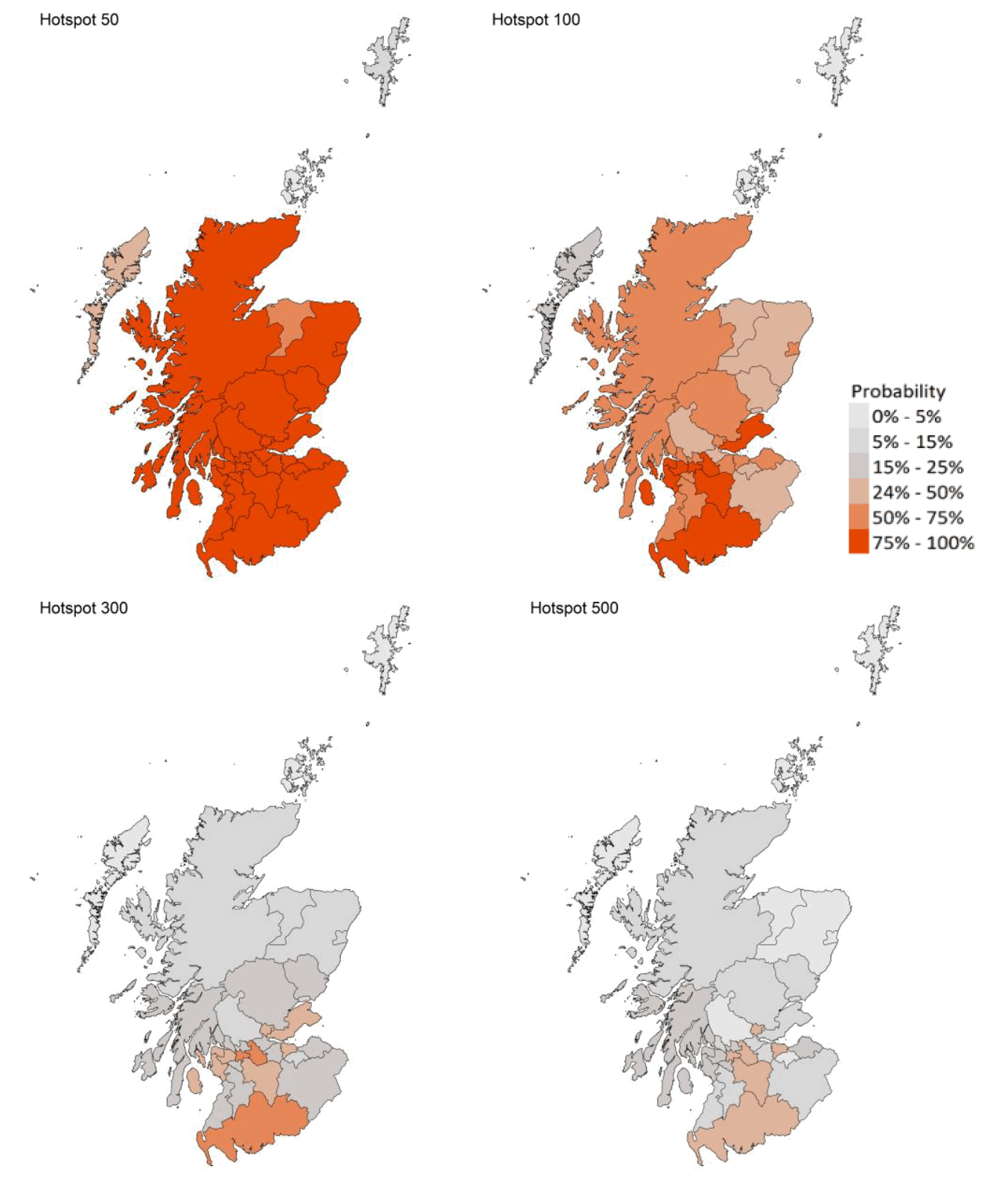 Figure 14. A series of four maps showing the probability of local authority areas exceeding thresholds of cases per 100K (29th August to 4th September 2021).