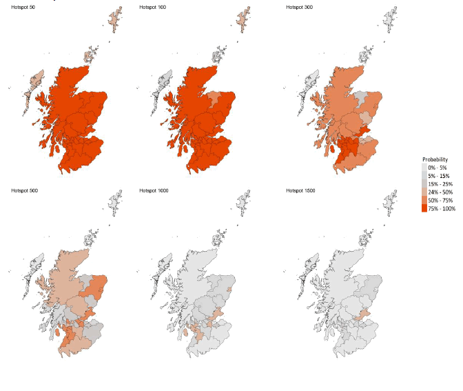 A series of four maps showing the probability of local authority areas exceeding thresholds of cases per 100K (26th September to 2nd October 2021).