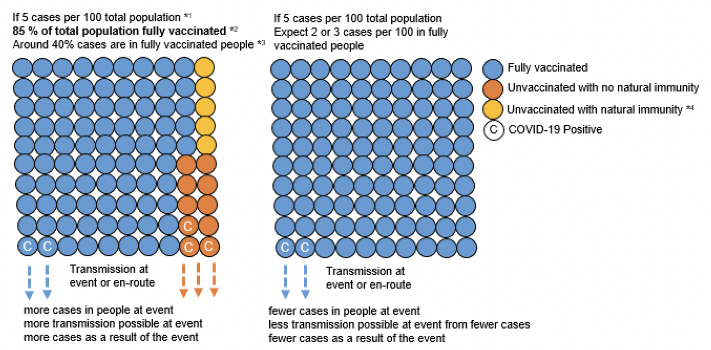 Two infographics demonstrating COVID-19 cases in 100 people based on the assumptions references below. One situation is where 85% of the group is vaccinated, and 5 individuals are unvaccinated with natural immunity and 10 are unvaccinated who are susceptible. Two of the vaccinated have COVID and 3 of the unvaccinated have COVID-19. In the situation where a 100% of the group is vaccinated, 2 individuals have COVID-19.