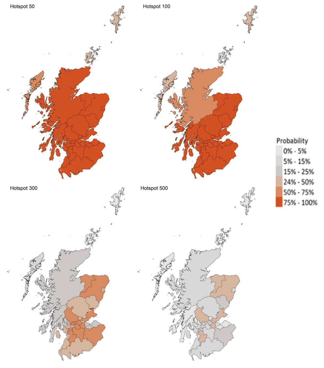 Figure 15. A series of four maps showing the probability of local authority areas exceeding thresholds of cases per 100K (24th October to 30th October 2021).