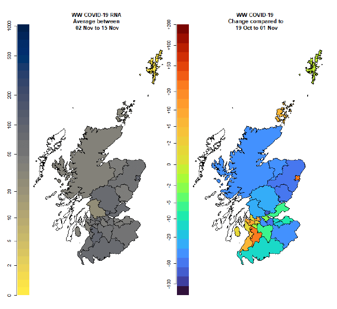 Two maps of Scotland, showing the wastewater levels for each local authority and the change relative to the previous period.