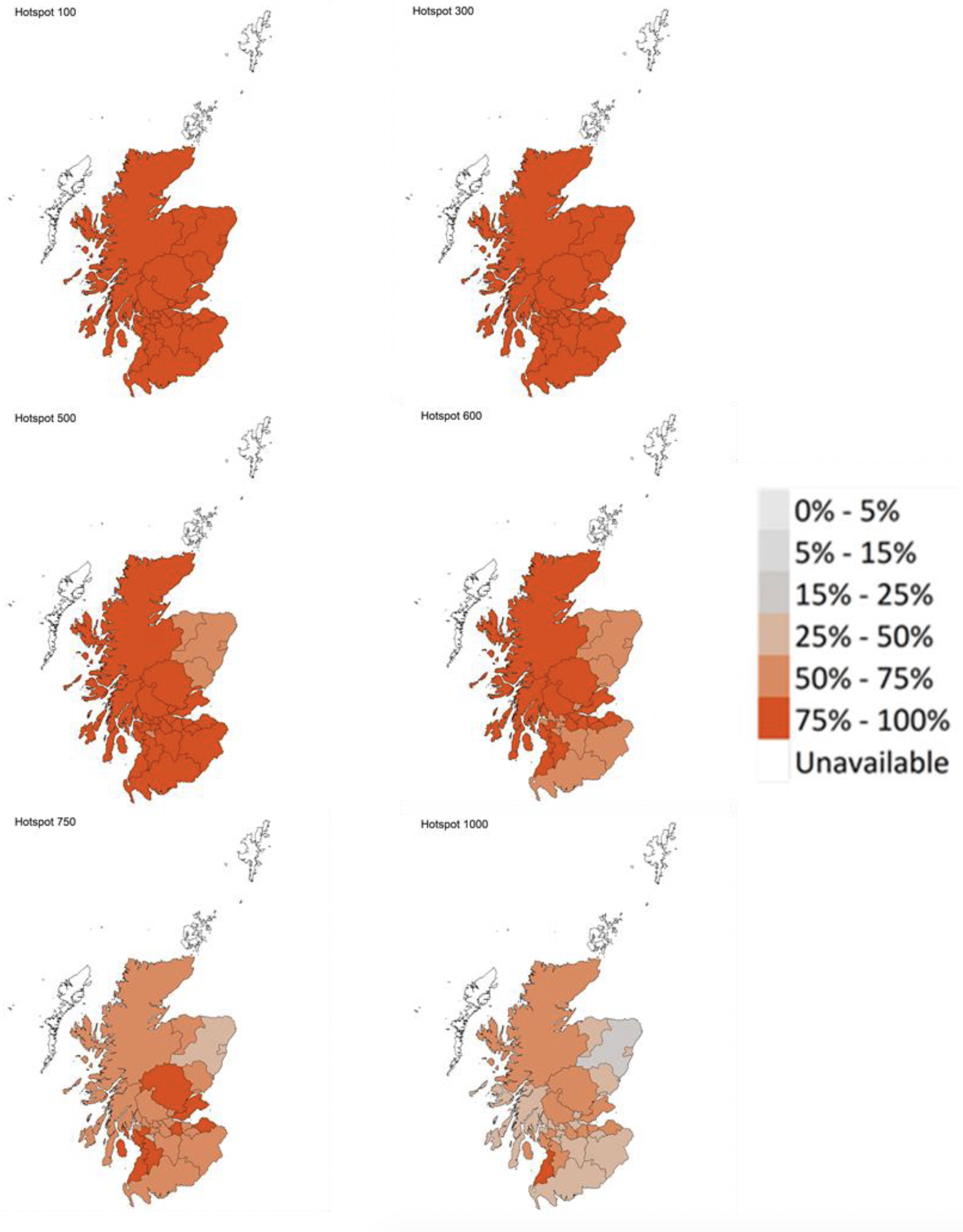 A series of maps showing the probability of local authority areas exceeding thresholds of cases per 100K (3rd to 10th April 2022).