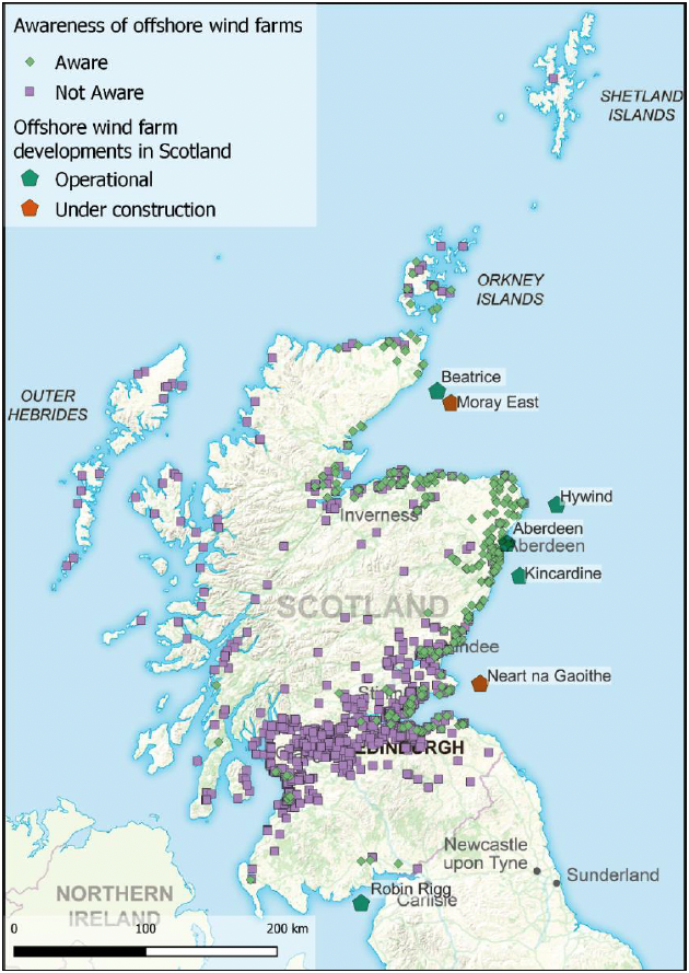 shows a map of Scotland with the location of respondents who are aware of an offshore windfarm indicated with a green diamond, and the location of respondents who are not aware of an offshore windfarm indicated with a purple square. The location of offshore windfarms in Scotland is also indicated with a green dot for those that are operational and an orange dot for those that are under construction. Respondents that are aware of an offshore windfarm near to where they live are mostly located on the east coast, while those that are not aware are concentrated in the central belt and up the west coast.