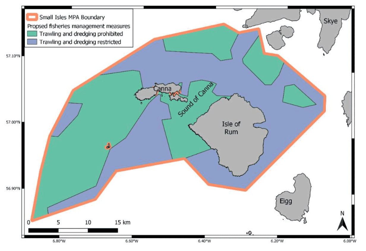 The boundaries of the Small Isles Marine Protected Area include the Isle of Rum, Canna and the Sound of Canna. Different parts of the MPA fall under different proposed fisheries management measures.