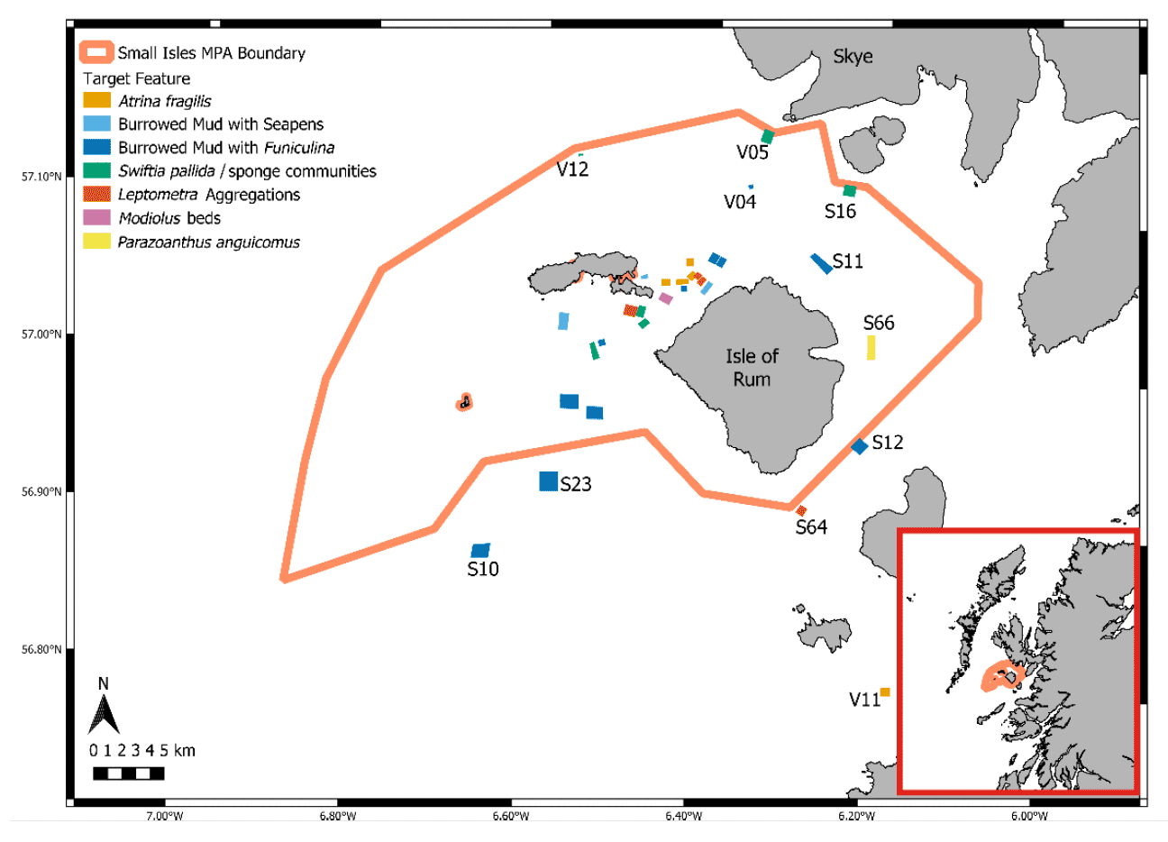 Most of the survey boxes for priority marine features are inside the Small Isles Marine Protected Area (MPA) boundary. Different biological features are targeted by different survey boxes.