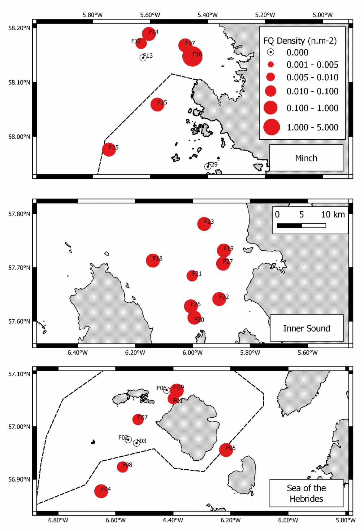 The density of Funiculia quadrangularis varies across survey locations in the Minch to the North, Inner Sound, and Sea of Hebrides to the South. Funiculina quadrangularis was seen at all survey locations apart from one in the Minch and two in the Sea of Hebrides.