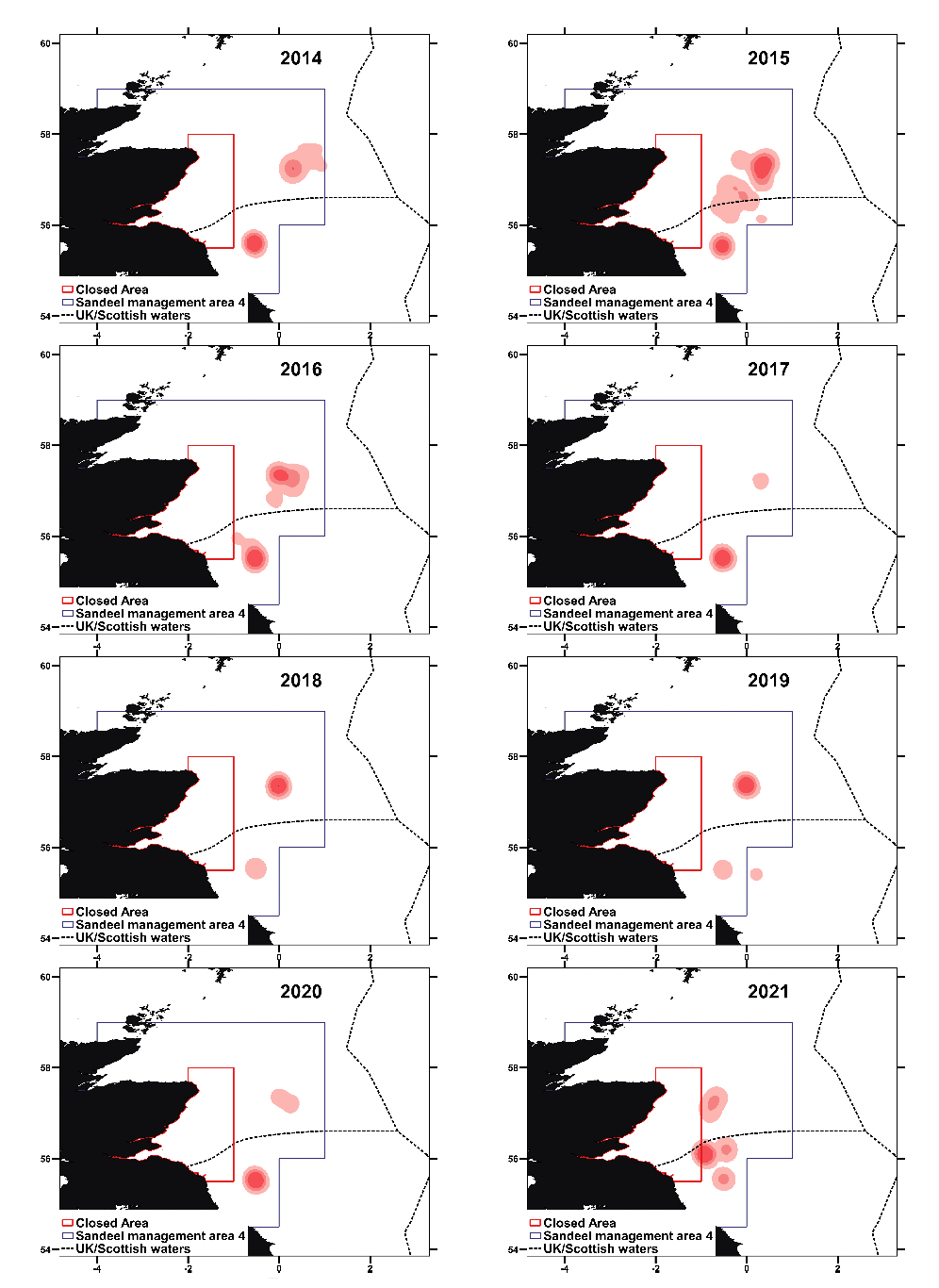Eight individual heatmaps of the North Sea, depicting fishing vessel intensity within Area 4 from 2014 to 2021. Two fishing hotspots, one to the east of Aberdeen and one further south near the border with England, are consistent through the years. 2021 shows a westward shift in this activity closer to the closed area boundary.