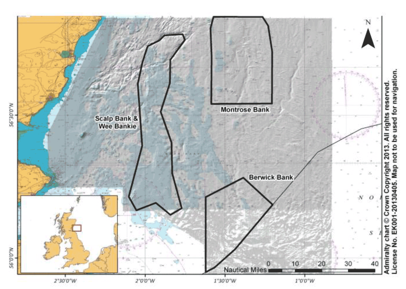 A nautical map of the sea area off south east Scotland with the boundaries of the three components of Firth of Forth Banks Complex MPA marked on the map.