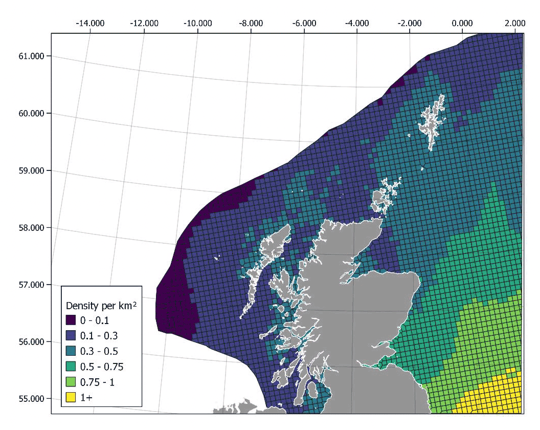 A map of the Scotland showing predicted harbour porpoise densities. Densities are highest in the southern north sea and decrease towards the north and west.