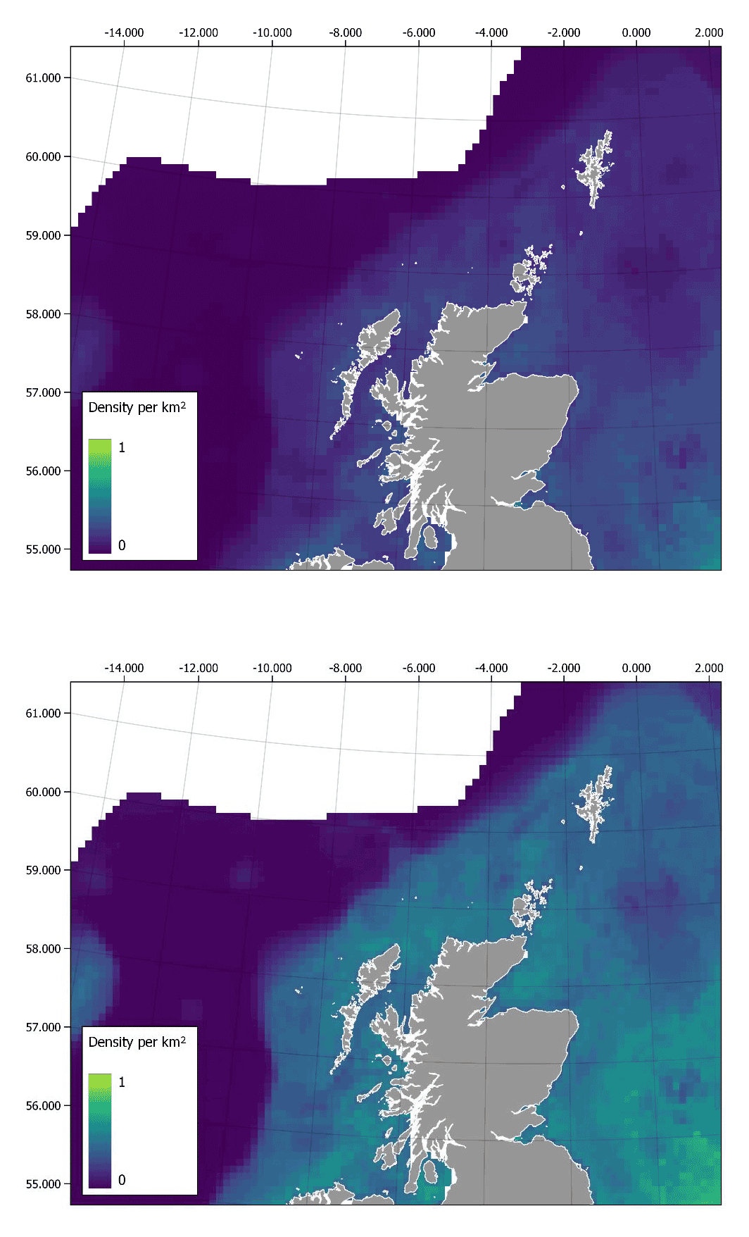 Two maps of Scotland showing predicted harbour porpoise densities in January and July. Densities are highest in the southern north sea and decrease towards the north and west and are higher in all regions in July when compared with January.