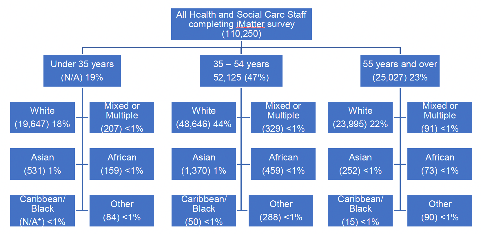 Comparison of the health and social care staff age groups broken down by age and ethnic group.  Appendix 3 presents numbers in an accessible format. 