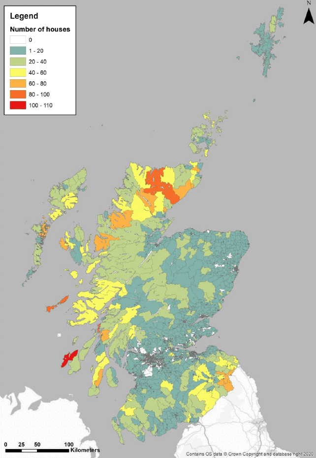 Scotland showing number of houses with solid fuel as main fuel type broken down into Low Super Output Areas.