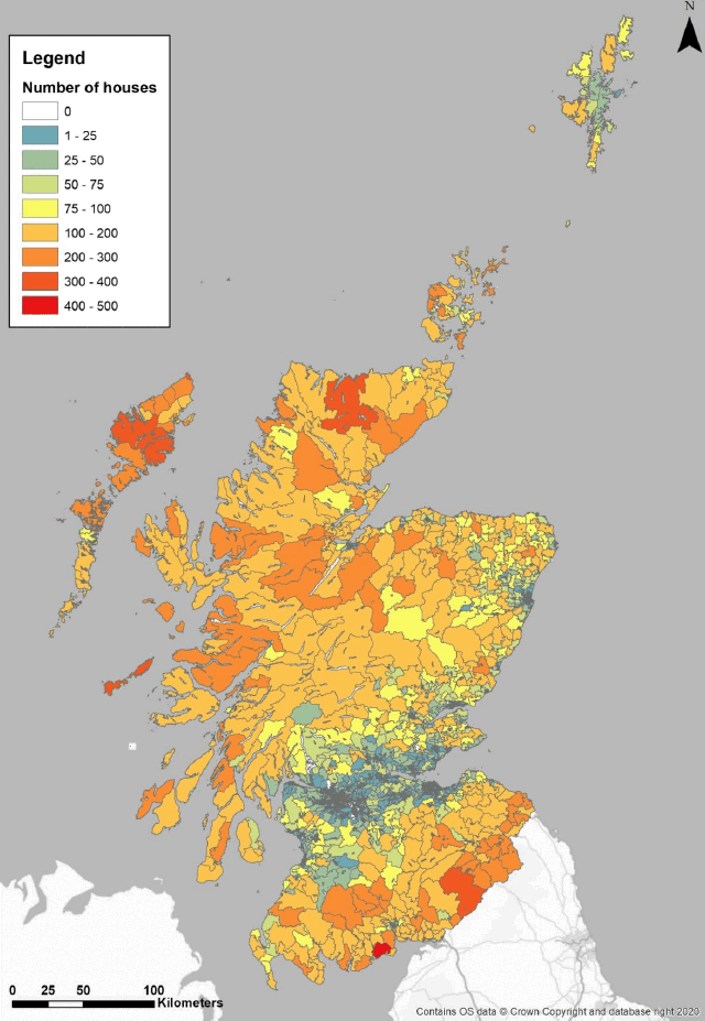 Scotland showing number of houses with solid fuel as secondary fuel type broken down into Low Super Output Areas.